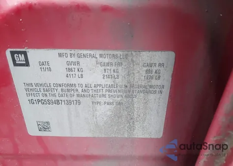 2011 Chevrolet Cruze 2Lt из США, поврежденный, VIN 1G1PG5S94B7139179